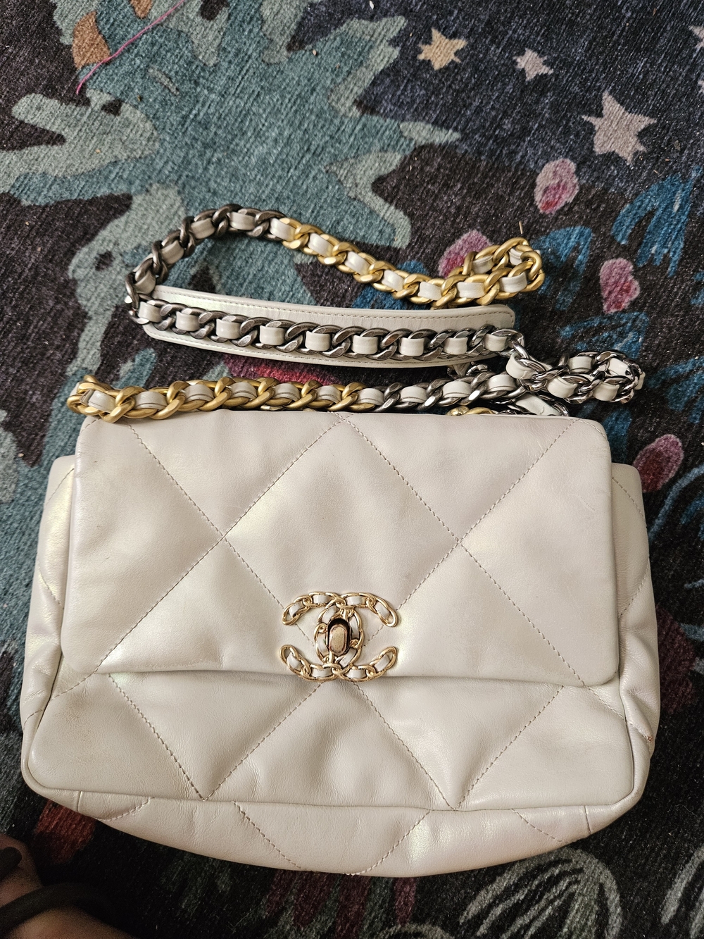 Cream Quilted Shoulder Bag with Gold-Tone Chain
